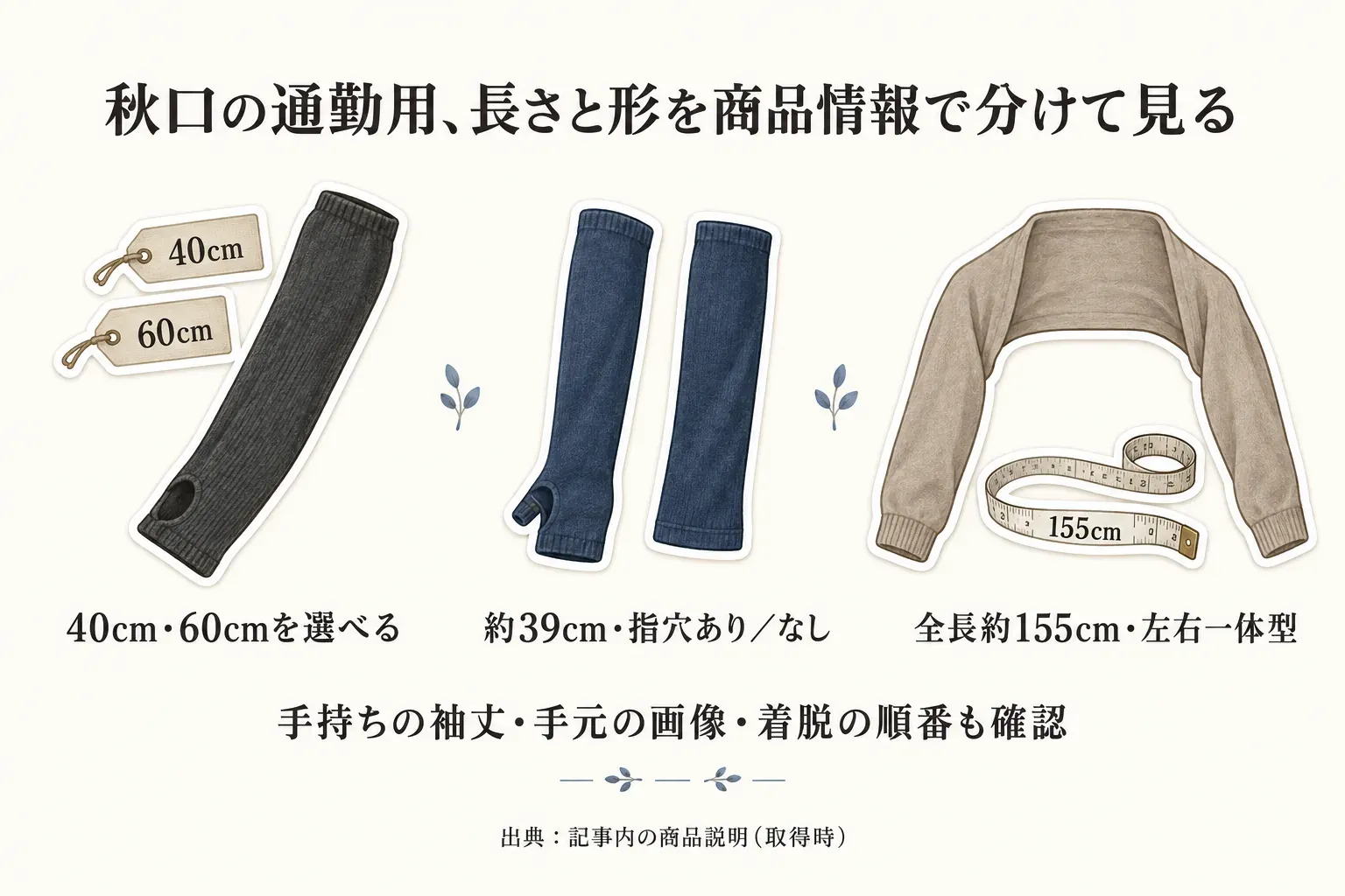 秋口の通勤用アームカバーの長さと形を、40cm・60cmを選べる指穴付きの筒形、約39cmで指穴あり・なしを選べるタイプ、全長約155cmの左右一体型ボレロを並べて比較し、手持ちの袖丈・手元の画像・着脱の順番も確認することを示した図。出典：記事内の商品説明（取得時）