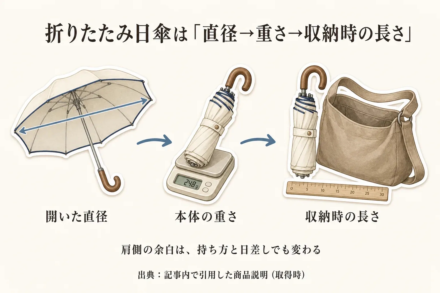 折りたたみ日傘を、開いた直径、本体の重さ、収納時の長さの順に確認する流れを、開いた傘、はかりに載せた折りたたみ傘、肩掛けバッグと定規のイラストで示した図。肩側の余白は持ち方と日差しで変わることも示している。出典：記事内で引用した商品説明（取得時）