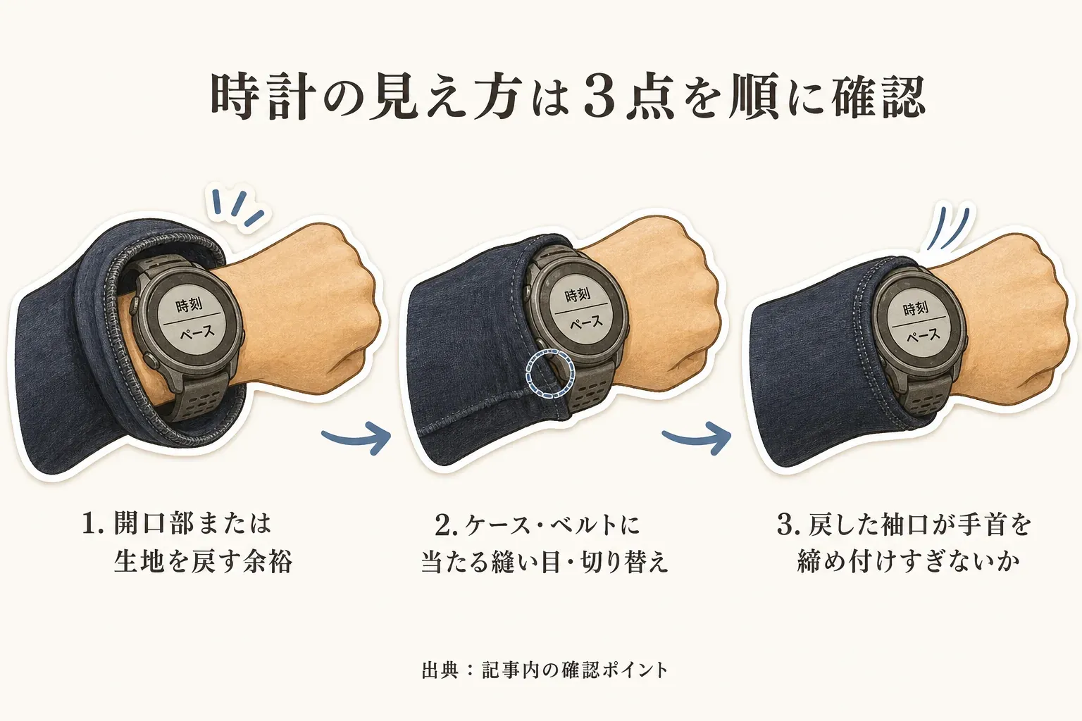 ランニングウォッチの画面を見やすくするため、時計側の手首に開口部または生地を戻す余裕があるか、ケースやベルトに縫い目・切り替えが当たらないか、袖口を戻しても手首を締め付けすぎないかを確認する図。出典：記事内の商品説明（取得時）