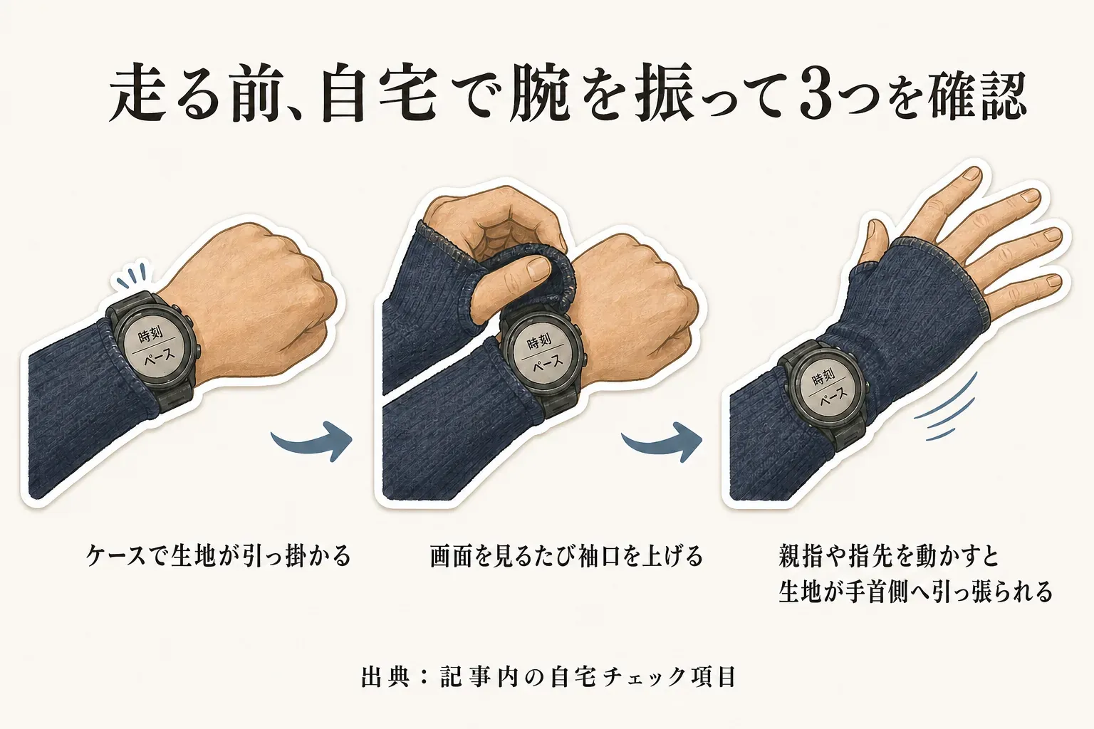 自宅で時計を着けて腕を前後に振り、時計のケースで生地が引っ掛からないか、画面を見るたびに袖口を大きく上げずに済むか、親指や指先を動かしても生地が手首側へ引っ張られないかを確認する図。出典：記事内の商品説明（取得時）