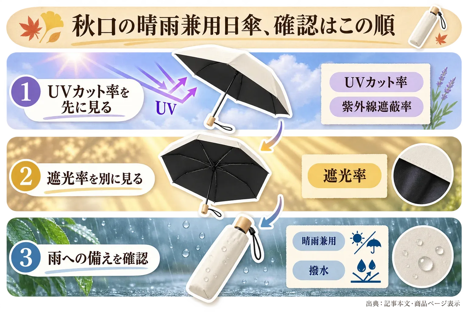 秋口の晴雨兼用日傘を選ぶ際に、1番目にUVカット率・紫外線遮蔽率、2番目に遮光率、3番目に晴雨兼用・撥水など雨への備えを確認する順序を、日傘と折りたたみ傘のイラストで示した図。出典：記事本文・商品ページ表示