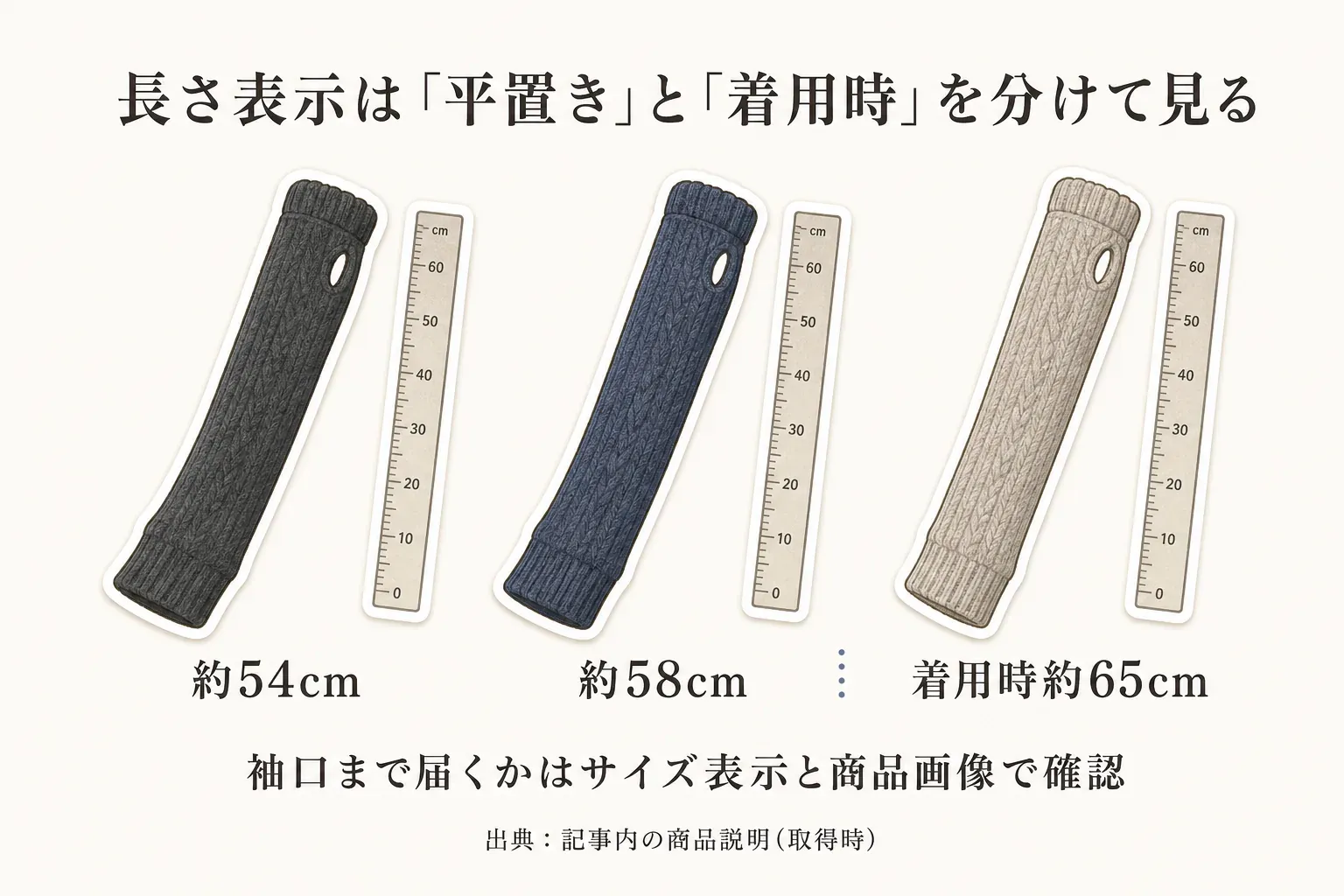 UVアームカバーの長さ表示として、約54cm・約58cmの表示と着用時約65cmの表示を並べ、平置きと着用時の数値を分けて確認し、袖口まで届くかはサイズ表示と商品画像で確認することを示した図。出典：記事内の商品説明（取得時）