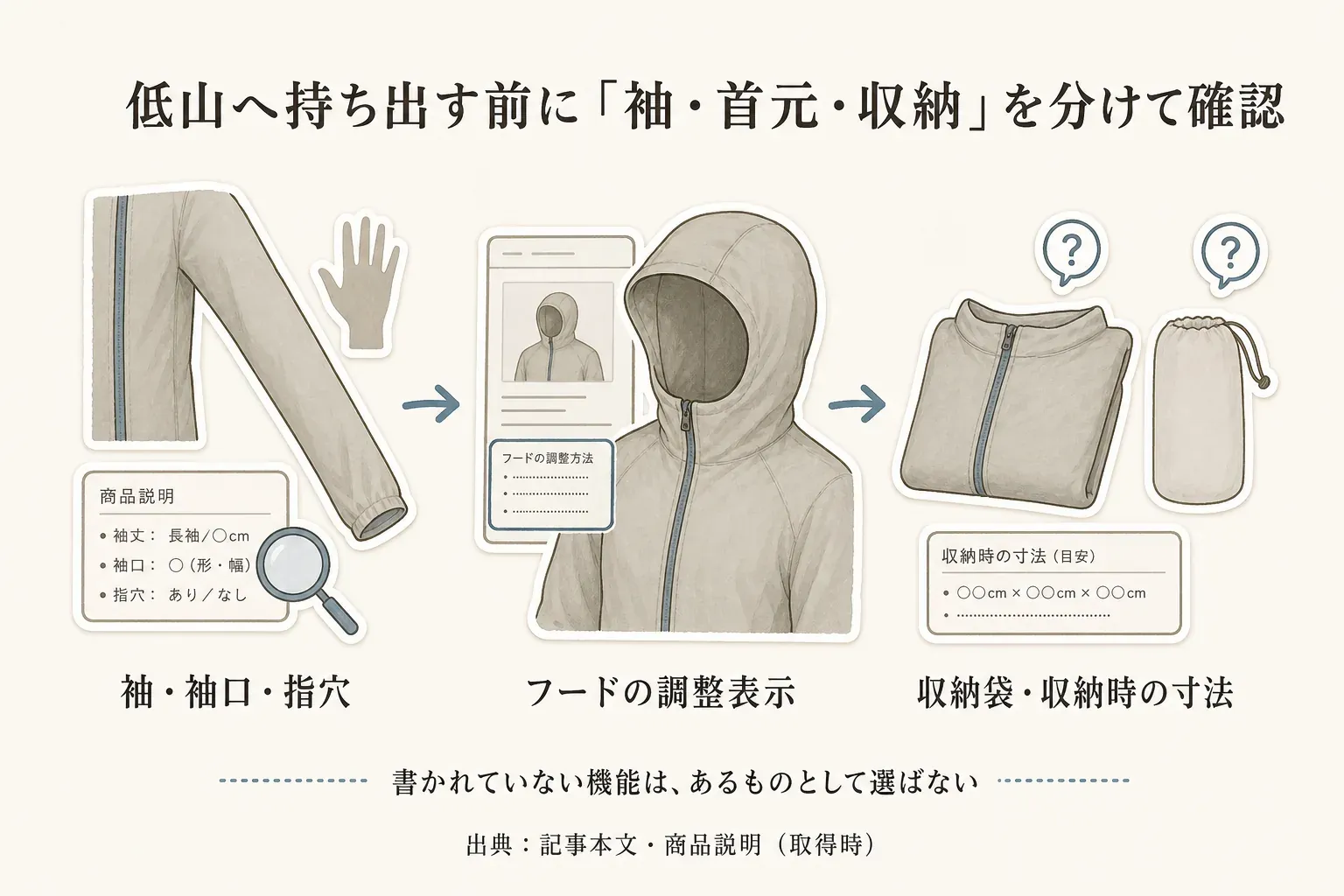 初秋の低山へUVカットパーカーを持ち出す前に、袖・袖口・指穴、フードの調整表示、収納袋・収納時の寸法を分けて確認することを、パーカーと商品説明のイラストで示した図。書かれていない機能はあるものとして選ばない。出典：記事本文・商品説明（取得時）