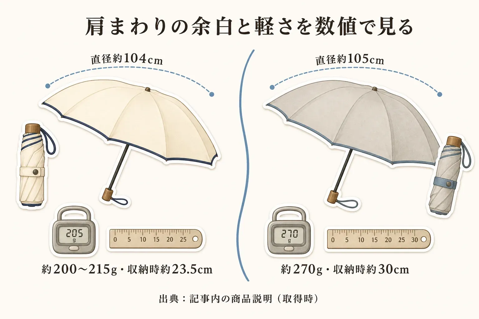直径約104cmの折りたたみ日傘と本体約200〜215g・収納時約23.5cmの数値を示し、肩側の余白は持ち方や日差しの向きでも変わることを示した図。出典：記事内の商品説明（取得時）