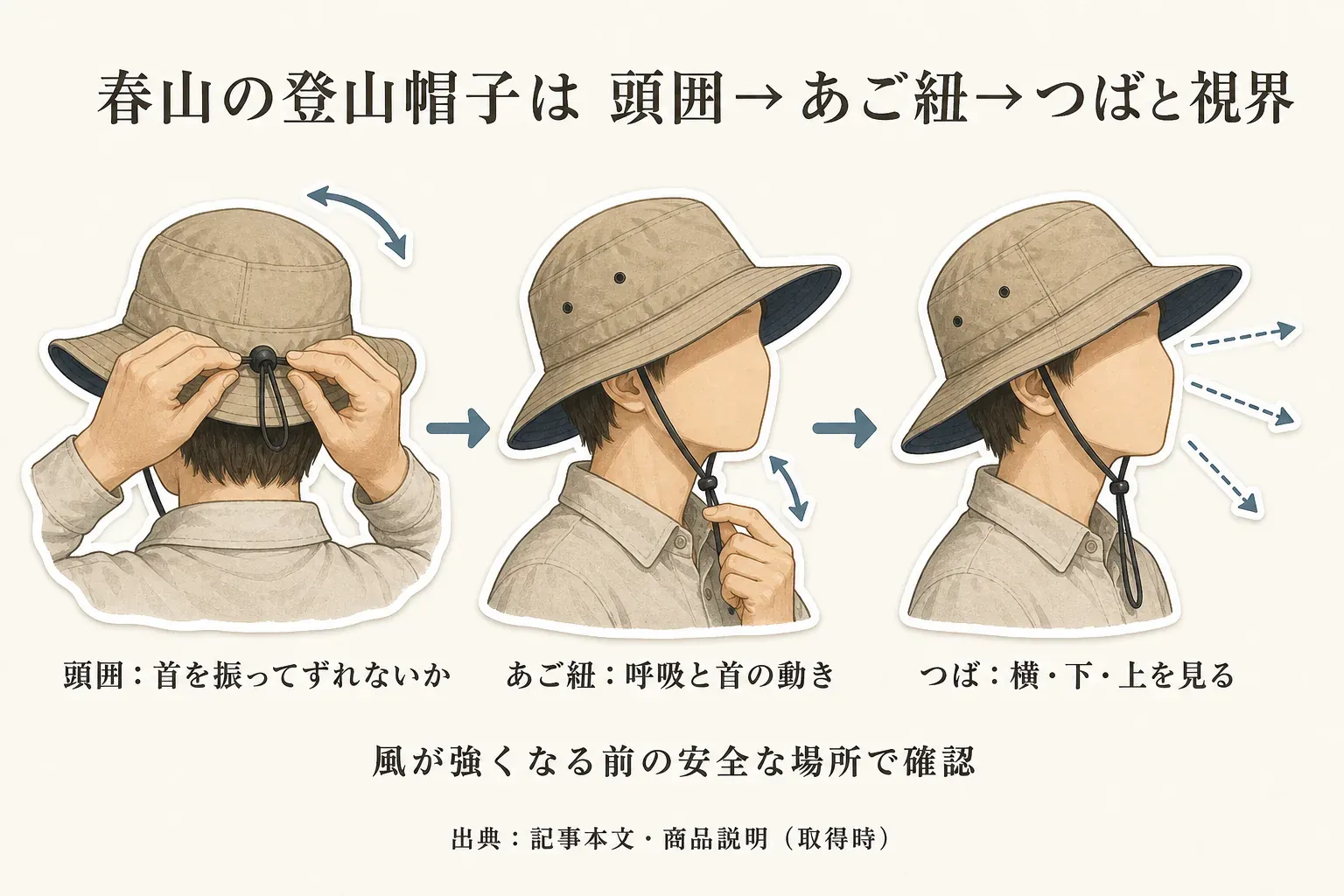 登山帽子のフィット確認の順序として、頭囲を合わせる、あご紐が呼吸と首の動きを妨げない長さを確認する、横・上・下を向いてつばと視界を確認する3ステップを示した図。