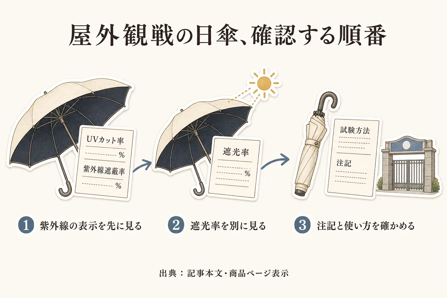 屋外観戦用の日傘を選ぶ際に、1番目にUVカット率・紫外線遮蔽率の表示、2番目に遮光率、3番目に試験方法・注記・会場での使い方を確認する順番を、日傘、表示票、会場の入口のイラストで示した図。出典：記事本文・商品ページ表示