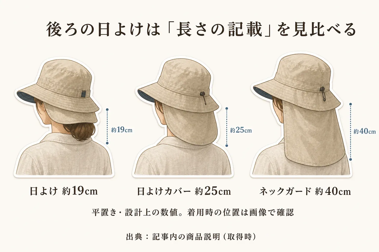 後ろの日よけの長さとして、日よけ約19cm、日よけカバー約25cm、ネックガード約40cmを後ろ姿の帽子で見比べる図。数値は平置き・設計上の数値で、着用時の位置は画像で確認する。出典：記事内の商品説明（取得時）