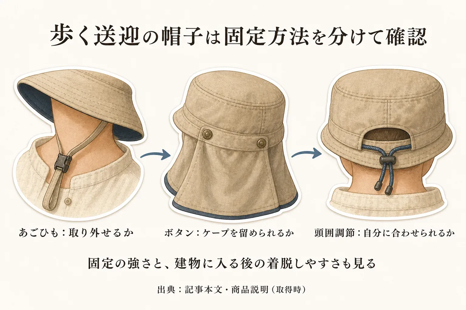 歩く送迎用の帽子の固定方法を、取り外せるか確認するあごひも、ケープを留められるか確認するボタン、自分に合わせられるか確認する頭囲調節の3点で示した図。固定の強さと建物に入った後の着脱しやすさも確認する。出典：記事本文・商品説明（取得時）