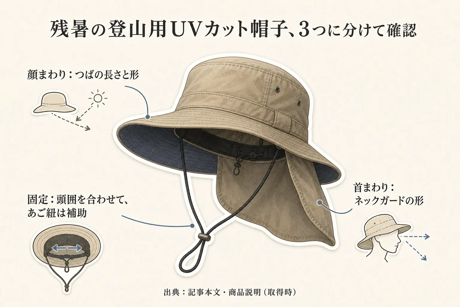 残暑の登山用UVカット帽子は、顔まわりではつばの長さと形、固定では頭囲を合わせてあご紐を補助にすること、首まわりではネックガードの形を分けて確認することを、帽子の図で示した図。出典：記事本文・商品説明（取得時）