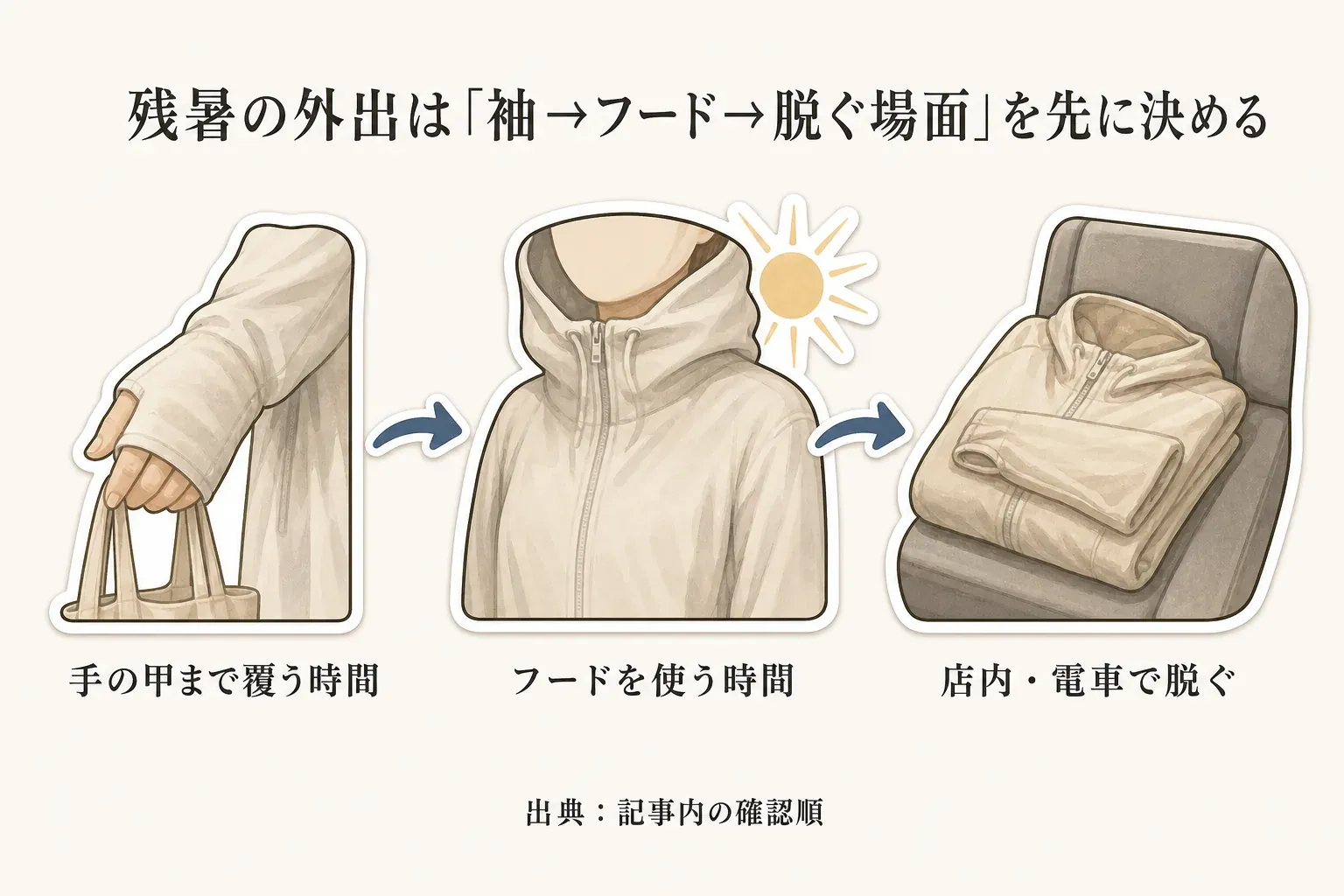 残暑の外出で、手の甲まで袖を使う時間、フードを使う時間、店内・電車でパーカーを脱ぐ場面を順に示した図。出典：記事内の確認順