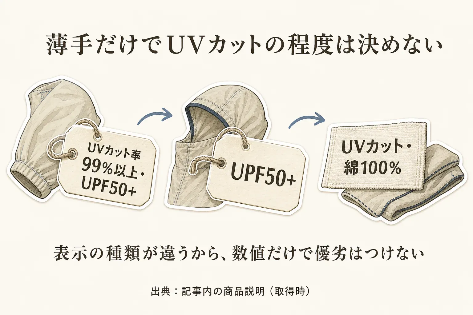 薄手という表示だけでUVカットの程度は決められないことを示し、UVカット率99％以上・UPF50+、UPF50+、UVカット・綿100％という3種類の商品表示を並べた図。出典：記事内の商品説明（取得時）