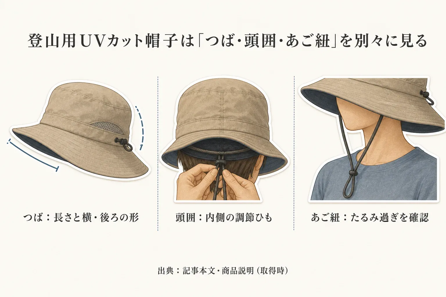 登山用UVカット帽子を選ぶとき、つばは長さと横・後ろの形、頭囲は内側の調節ひも、あご紐はたるみ過ぎない長さを別々に確認する3項目を、帽子と着用イラストで示した図。出典：記事本文・商品説明（取得時）