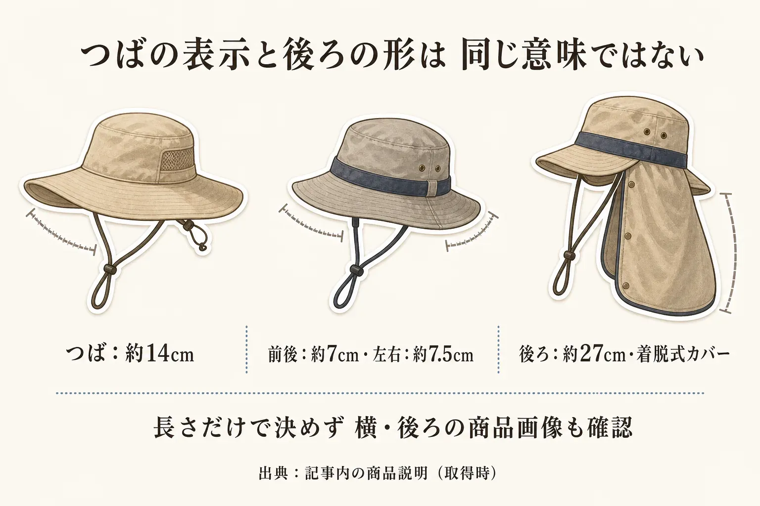 つばの表示と後ろの形は同じ意味ではないことを、つば約14cmの帽子、前後約7cm・左右約7.5cmの帽子、後ろ約27cmと着脱式カバーの帽子の3例で示し、長さだけで決めず横・後ろの商品画像も確認するよう案内した図。出典：記事内の商品説明（取得時）