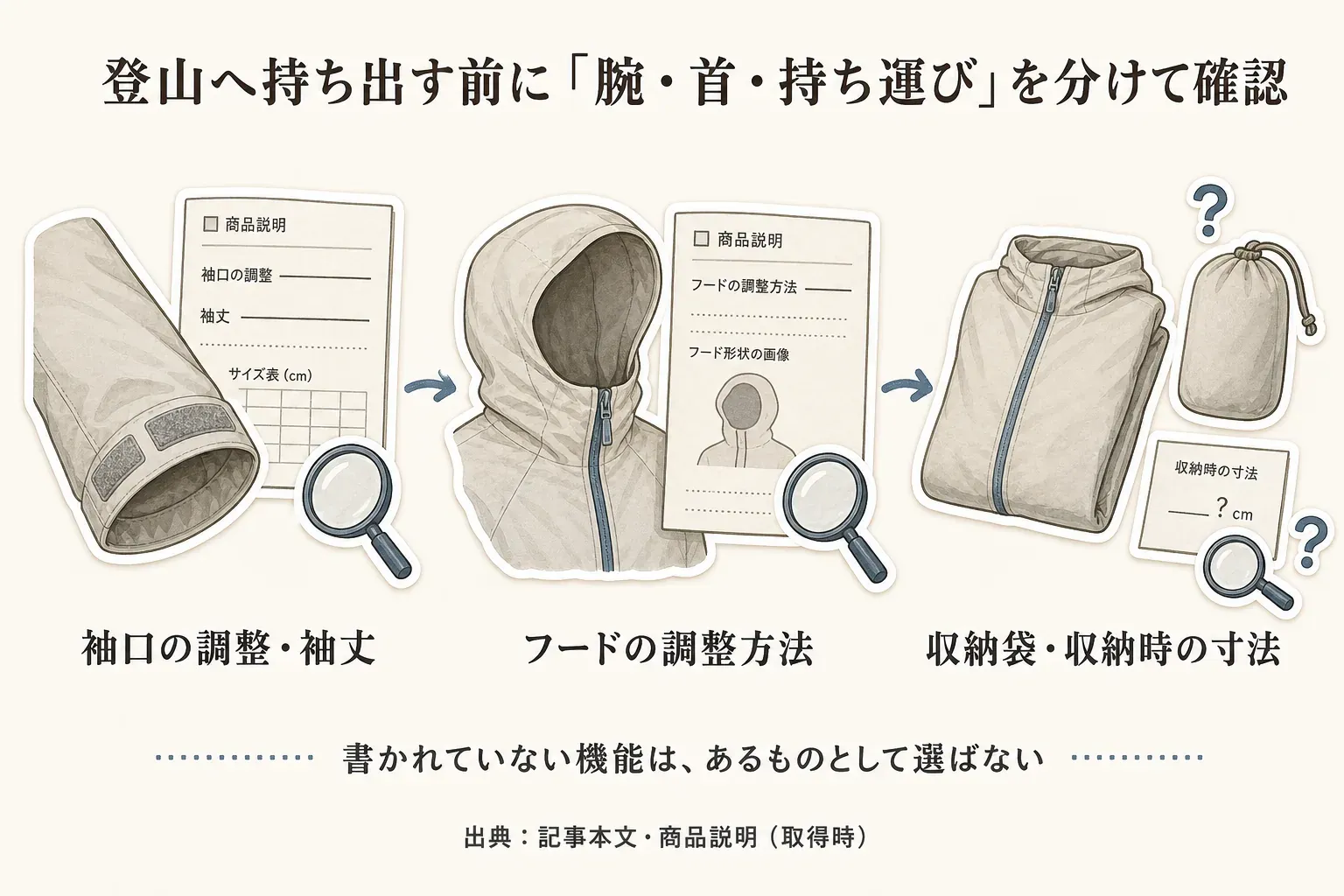 登山へUVカットパーカーを持ち出す前に、腕は袖口の調整と袖丈、首まわりはフードの調整方法と形状を写した画像、持ち運びは収納袋と収納時の寸法を商品説明で分けて確認する図。書かれていない機能はあるものとして選ばないことを示す。出典：記事本文・商品説明（取得時）