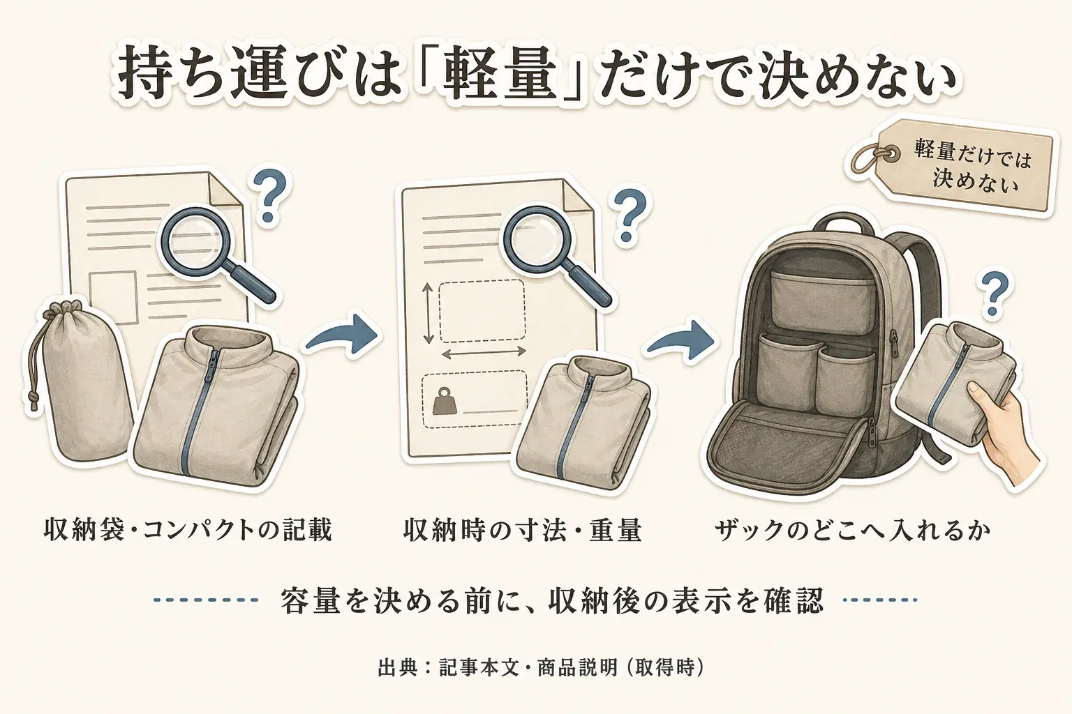 UVカットパーカーの持ち運びでは、収納袋・コンパクトの記載、収納時の寸法と重量、ザックのどこへ入れるかを順に確認する図。軽量という表示だけでは決めず、容量を決める前に収納後の表示を確かめることを示す。出典：記事本文・商品説明（取得時）