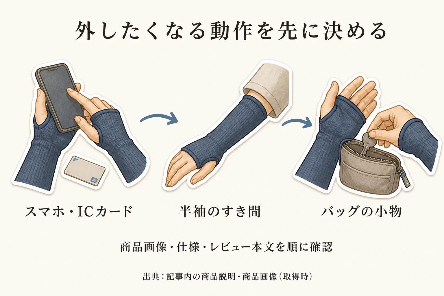指穴付きアームカバーを着けたまま、スマホ・ICカードを扱う場面、半袖のすき間を覆う場面、バッグから鍵などの小物を取り出す場面を並べ、商品画像・仕様・レビュー本文の順に確認することを示した図。出典：記事内の商品説明・商品画像（取得時）