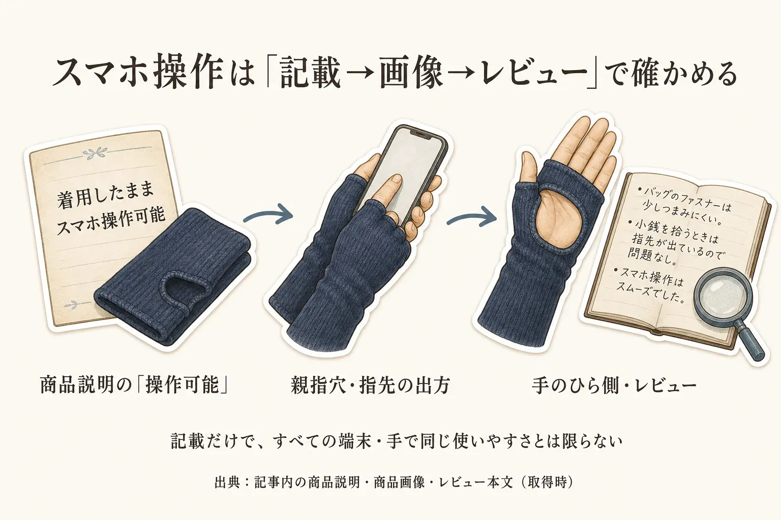 スマホ操作が可能という商品説明を起点に、親指穴と指先の出方を確認してスマホを操作し、手のひら側の開き方とレビュー本文でバッグのファスナーや小銭の扱いやすさを確かめる流れを示した図。出典：記事内の商品説明・商品画像・レビュー本文（取得時）