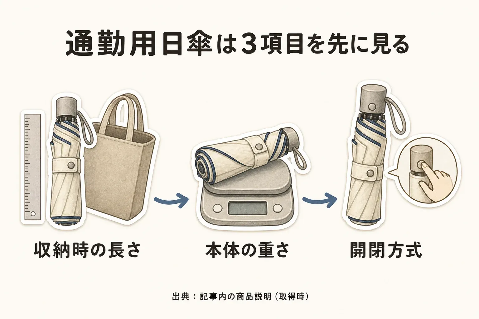 通勤用の折りたたみ日傘で確認する3項目として、定規とバッグで収納時の長さ、はかりで本体の重さ、ボタン付き傘で開閉方式を示した図。出典：記事内の商品説明（取得時）