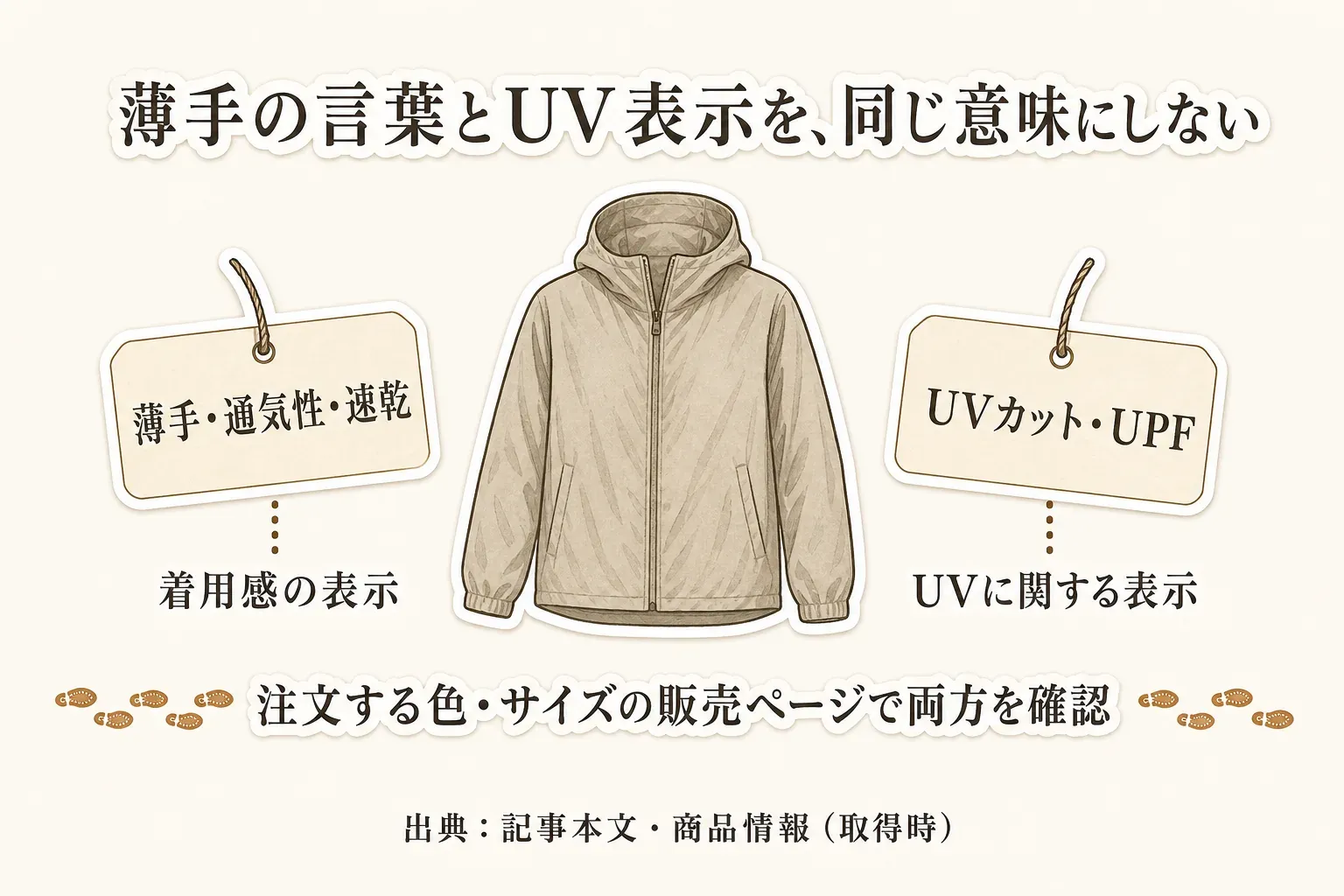 UVカットパーカーの薄手・通気性・速乾は着用感の表示、UVカット・UPFはUVに関する表示として分け、注文する色・サイズの販売ページで両方を確認することを示した図。出典：記事本文・商品情報（取得時）