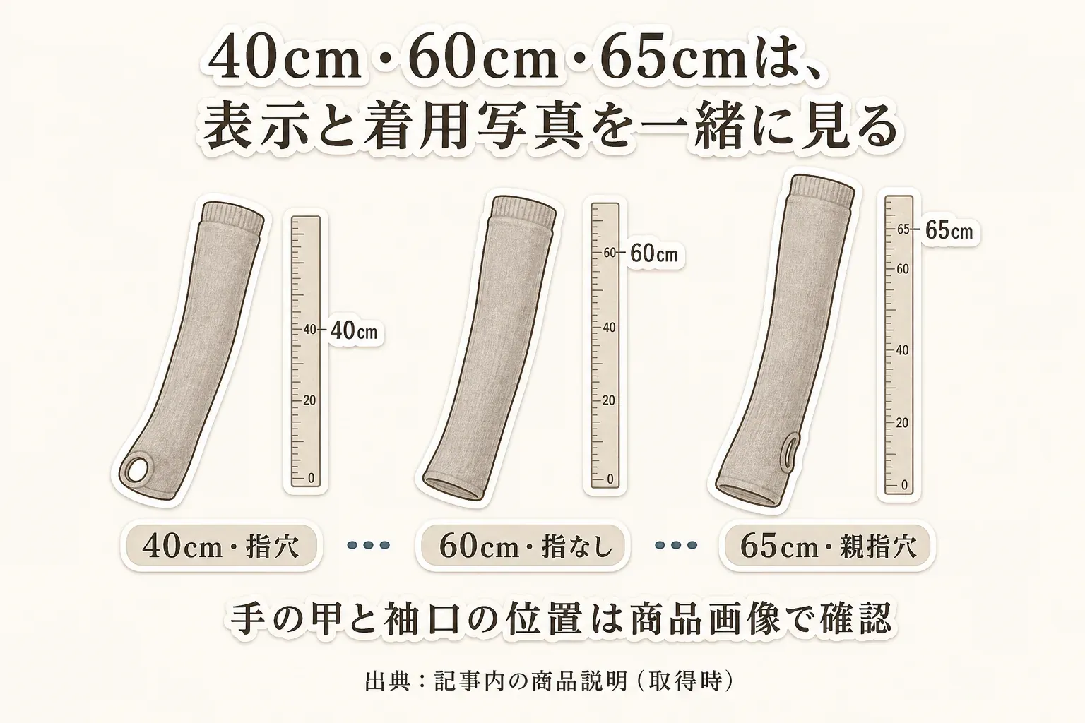 40cm・60cm・65cmのアームカバーを定規とともに並べ、40cmは指穴付き、60cmは指なし、65cmは親指穴付きの表記例と、手の甲と袖口の位置を商品画像で確認する点を示した図。出典：記事内の商品説明（取得時）