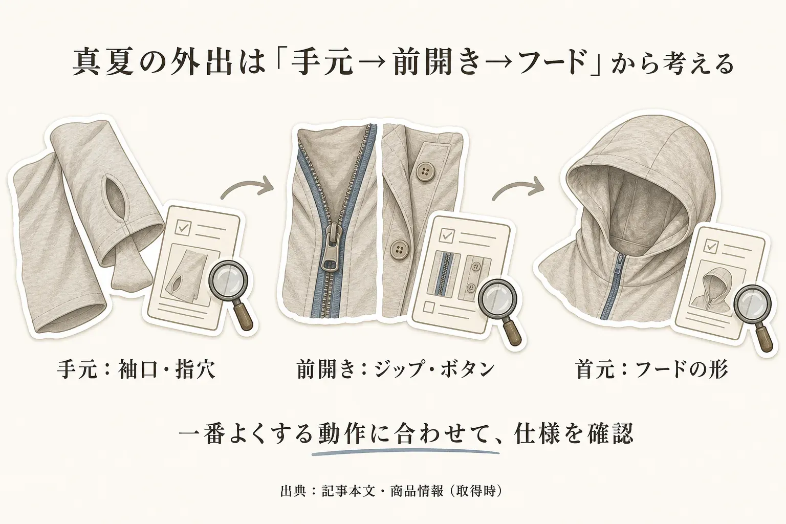 真夏にUVカットパーカーを着たまま動く場面を、手元でスマホやバッグを扱う、前を開け閉めする、フードを被るという順に確認する図。袖口・指穴、ジップまたはボタン、首元からフードの形を商品説明と画像で確認する。出典：記事本文